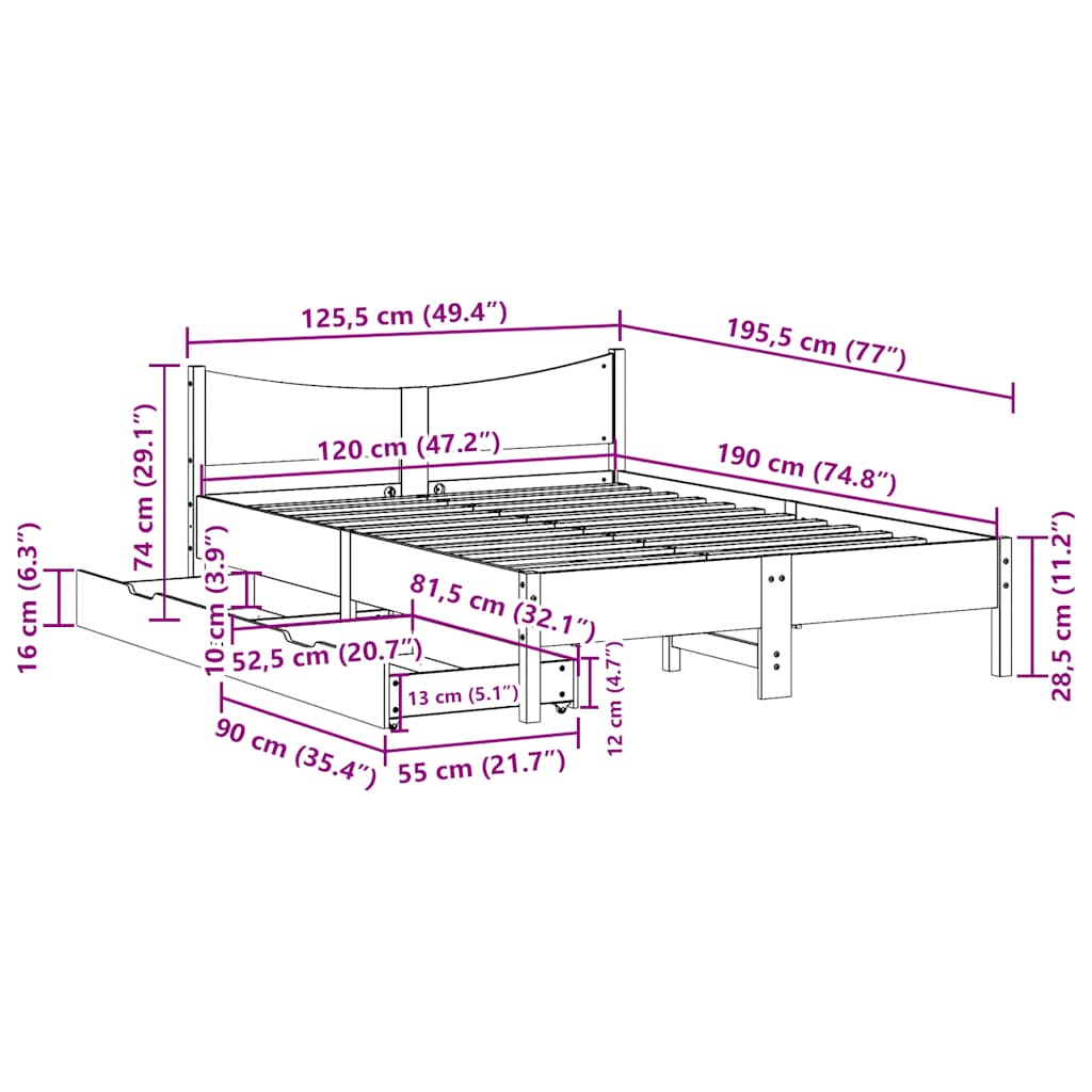 Okvir kreveta s ladicama 120x190 cm od borovine