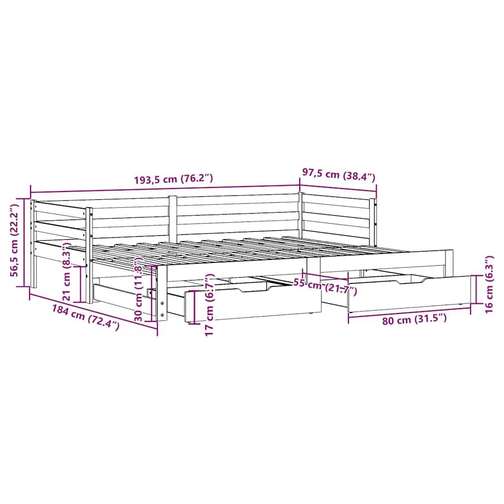 Dnevni krevet na razvlačenje s ladicama bez madraca 90 x 190 cm