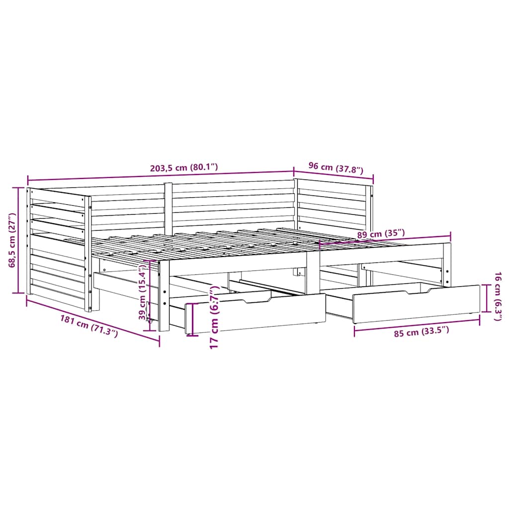 Dnevni krevet s ladicama bez madraca 90x200 cm masivno drvo