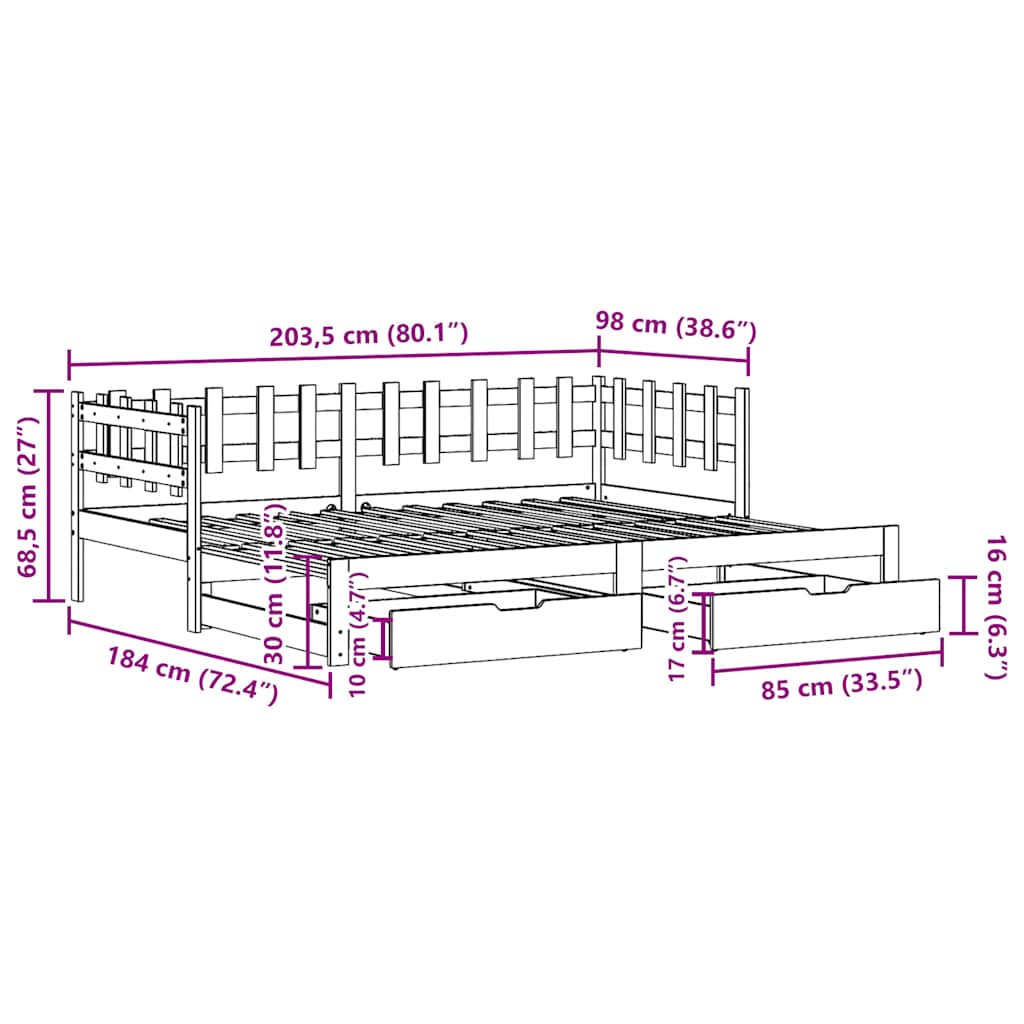 Dnevni krevet na razvlačenje s ladicama bez madraca 90x200 cm