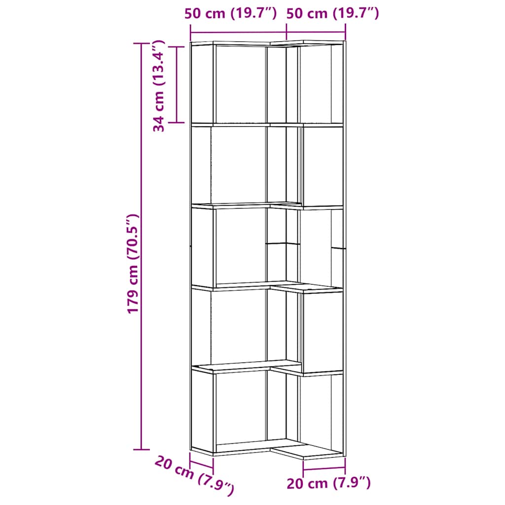 Kutni regal z knjige 5 razine artisian hrast 50x50x179cm drveni