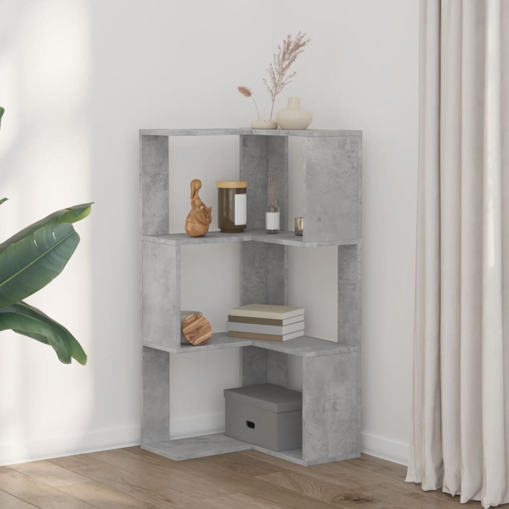 Kutni regal za knjige 3 razine boja betona 50x50x102 cm drveni