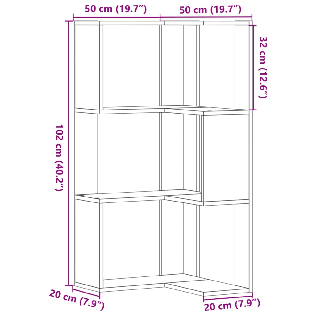 Kutni regal za knjige 3 razine boja betona 50x50x102 cm drveni