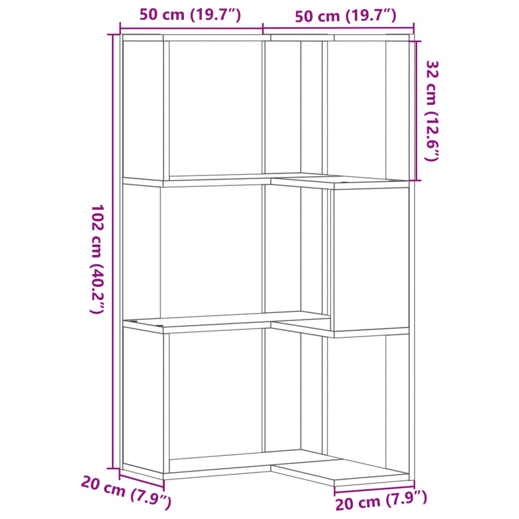 Kutni regal za knjige 3 razine boja hrasta 50x50x102 cm drveni