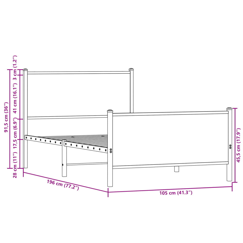 Metalni okvir kreveta bez madraca boja hrasta 100x190 cm