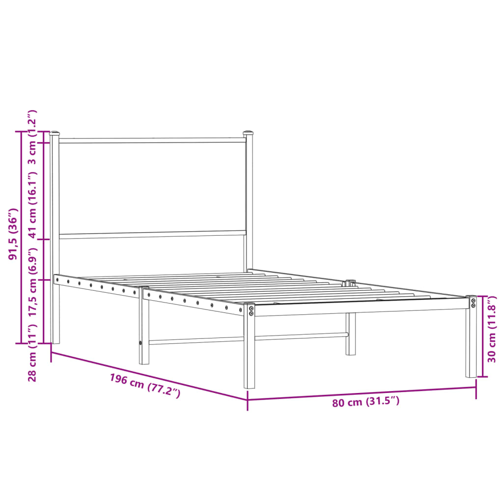 Metalni okvir kreveta bez madraca boja hrasta sonome 75x190 cm
