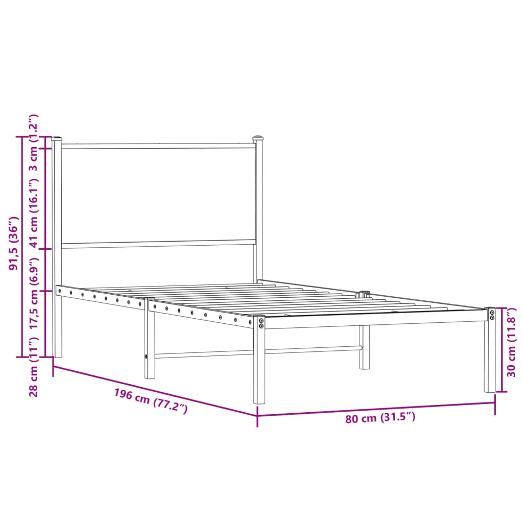 Metalni okvir kreveta bez madraca smeđi hrast 75x190 cm