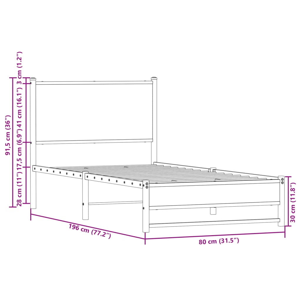 Metalni okvir kreveta bez madraca boja hrasta 75x190 cm