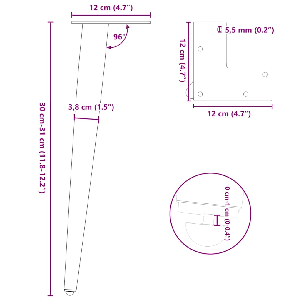 Noge za klub stolić konusnog oblika 4 kom prirodni čelik 30-31 cm čelik