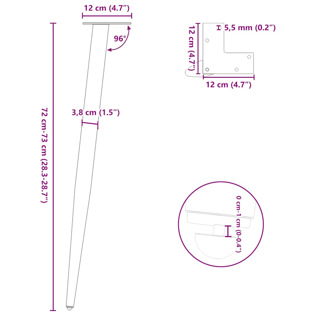 Noge za konzolni stol konusnog oblika 4 kom bijele 72-73 cm čelik