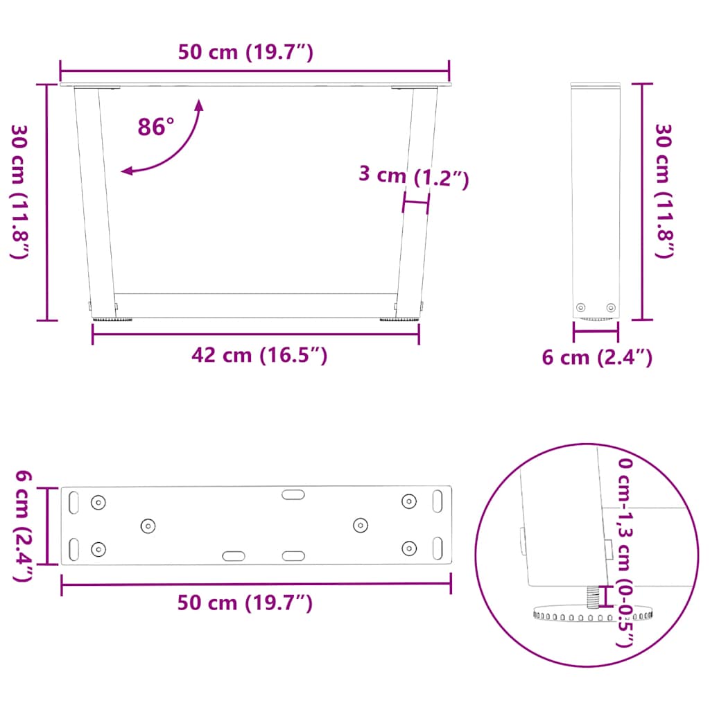 Noge za klub stolić V-oblik 2 kom Prirodni čelik 50 x (30-31,3) cm Čelik
