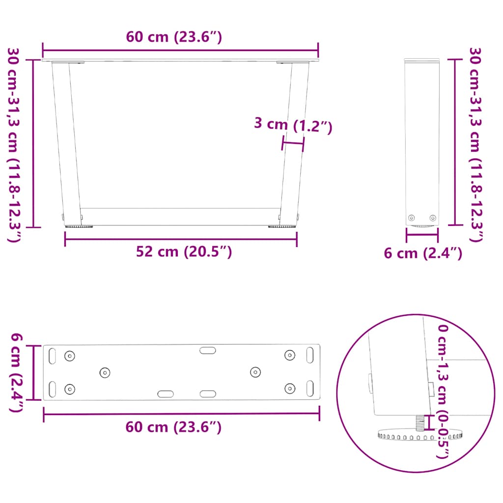 Noge za klub stolić V-oblik 2 kom Prirodni čelik 60 x (30-31,3) cm Čelik