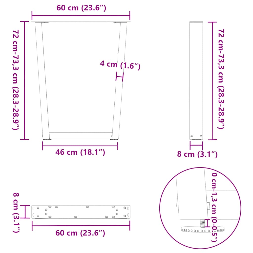 Noge za blagovaonski stol V-oblik 2 kom Prirodni čelik 60 x (72-73,3) cm Čelik