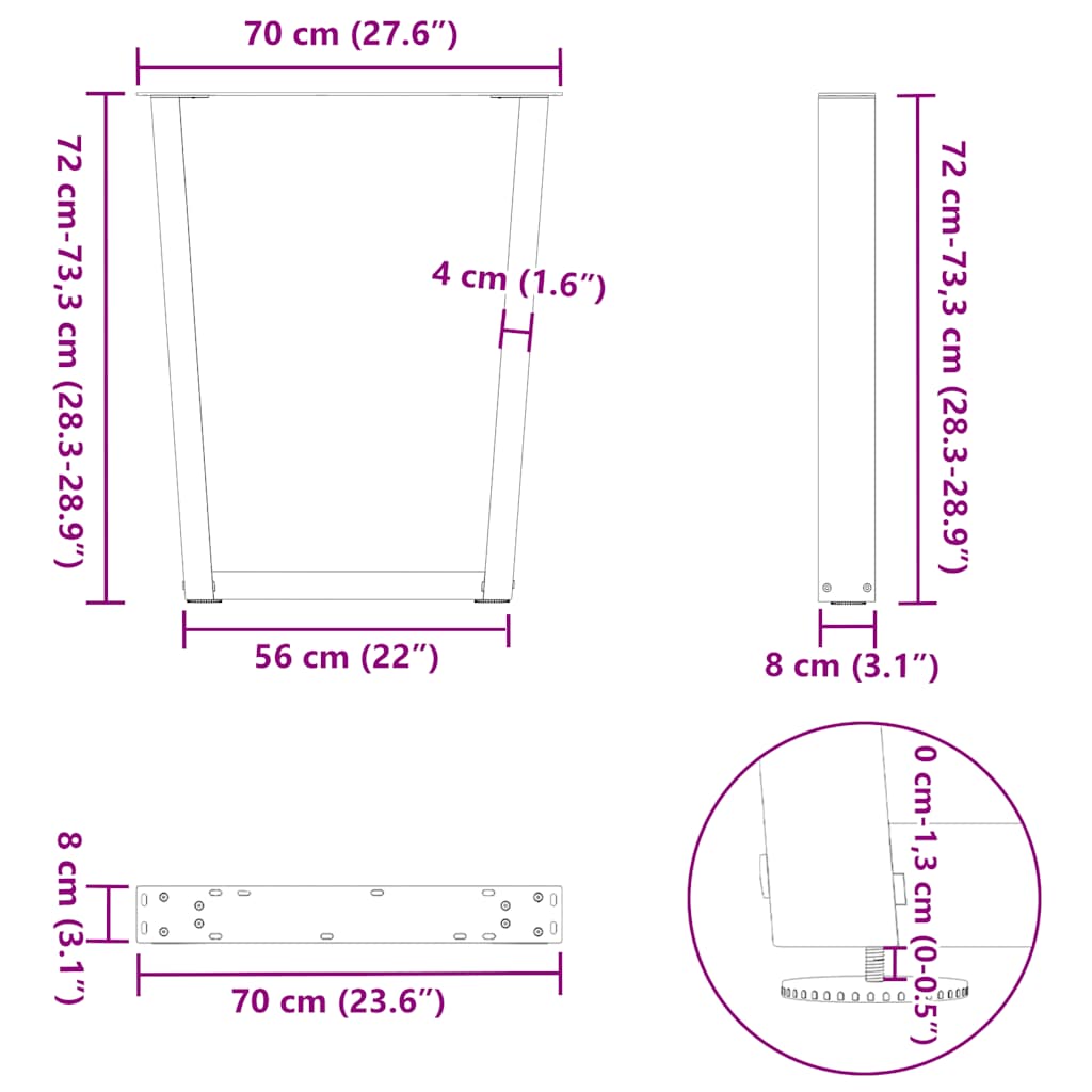 Noge za blagovaonski stol V-oblika 2 kom Crne 70 x (72-73,3) cm Čelik