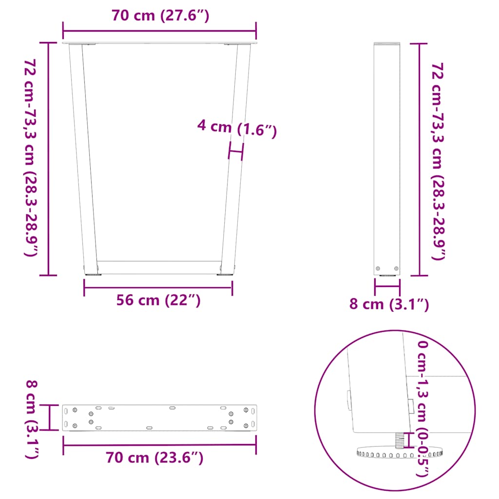 Noge za blagovaonski stol V-oblik 3 kom Crne 70 x (72-73,3) cm Čelik