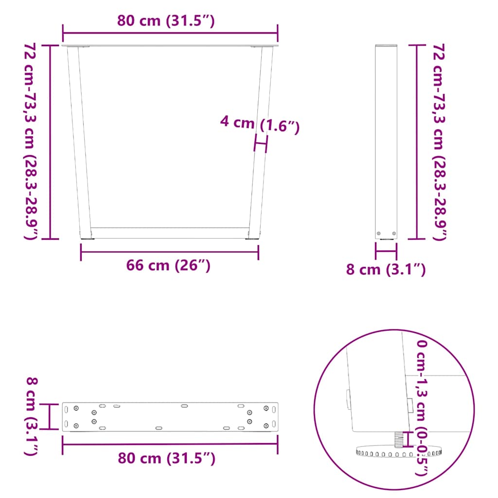 Noge za blagovaonski stol V-oblik 3 kom Prirodni čelik 80 x (72-73,3) cm Čelik