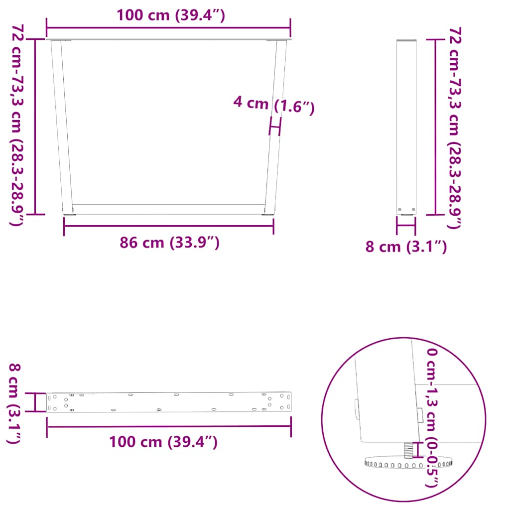 Noge za blagovaonski stol V-oblik 3 kom Bijele 100 x (72-73,3) cm Čelik