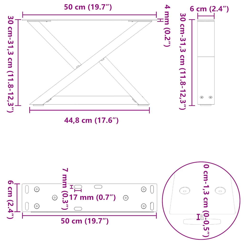 Noge za klub stolić 2 kom Bijele 50 x (30-31,3) cm Čelik