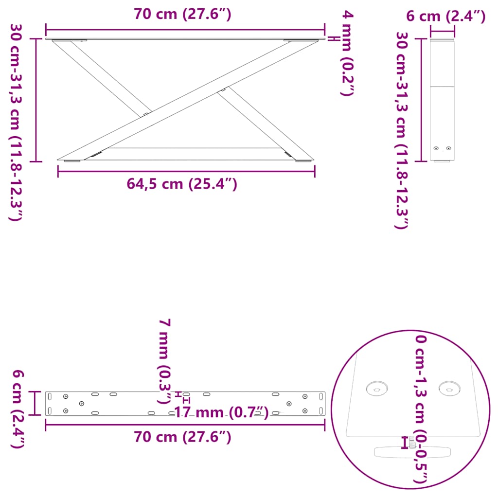 Noge za klub stolić 2 kom. Prirodni čelik 70 x (30-31,3) cm Čelik