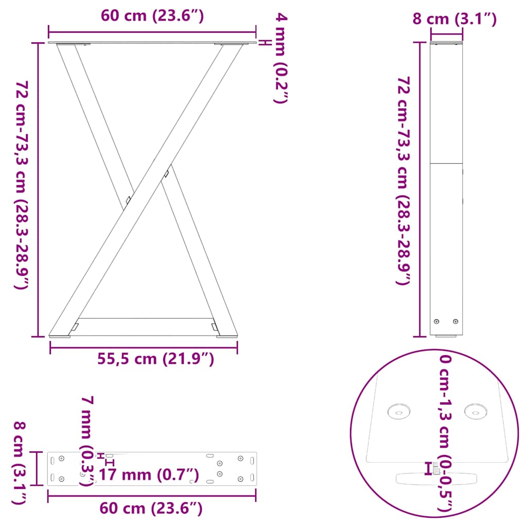Noge za blagovaonski stol 2 kom Bijele 60 x (72-73,3) cm Čelik