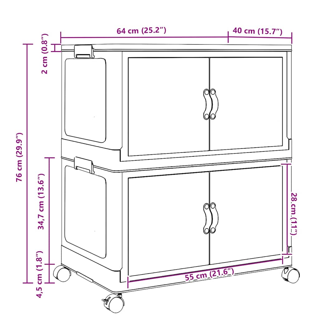 Složiva kutija za pohranu s kotačima 2nivoa 75 L 64x40x76 cm