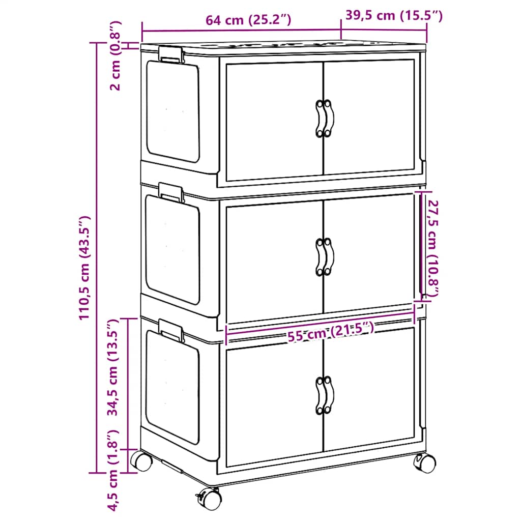 Složiva kutija za pohranu kotačima 3nivoa 75 L 64x39,5x110,5 cm