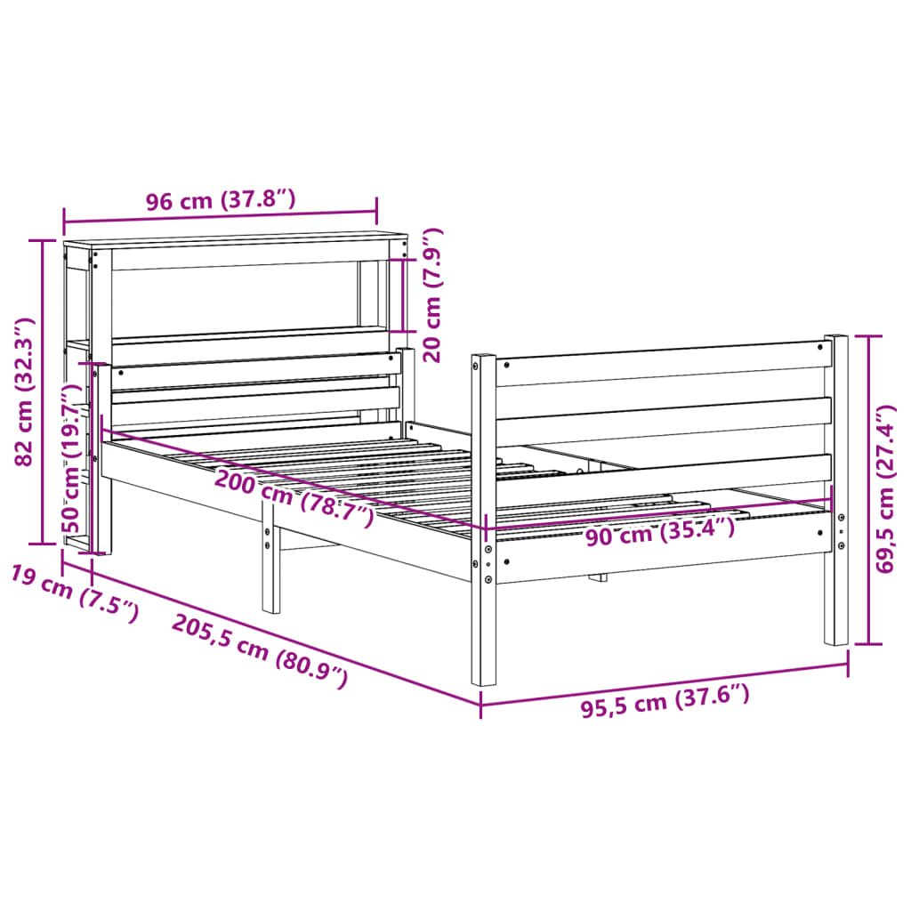 Okvir kreveta s uzglavljem 90 x 200 cm od masivne borovine