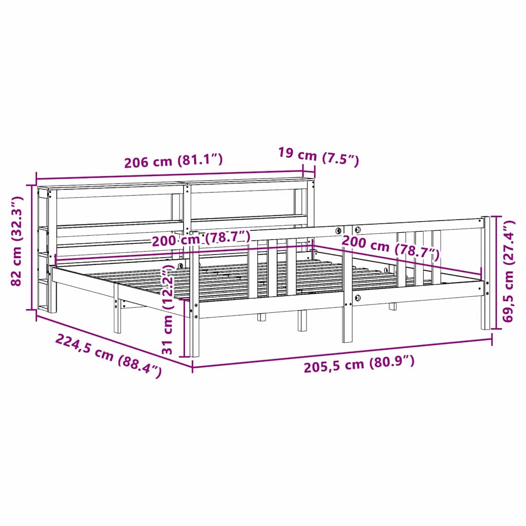 Okvir kreveta s uzglavljem 200 x 200 cm od masivne borovine