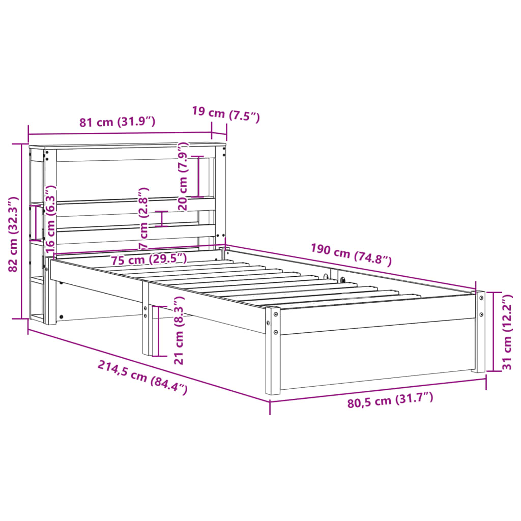 Okvir kreveta s uzglavljem bijeli 75x190 cm od borovine