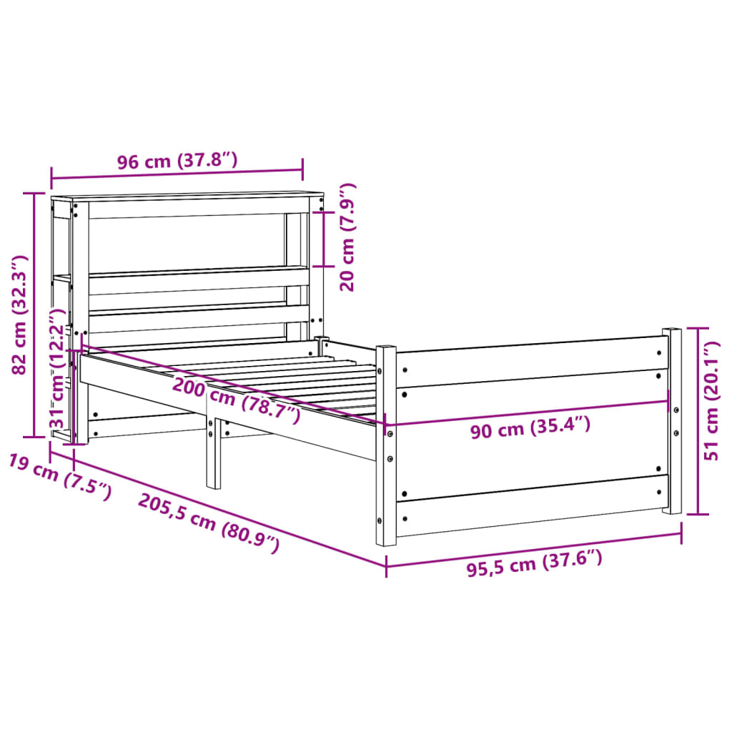 Okvir kreveta s uzglavljem 90 x 200 cm od masivne borovine