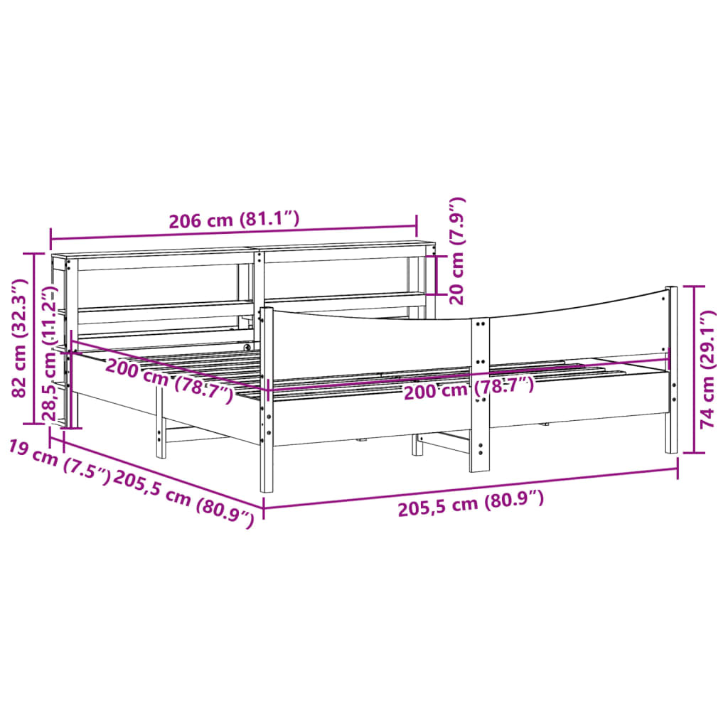 Okvir kreveta s uzglavljem 200 x 200 cm od masivne borovine