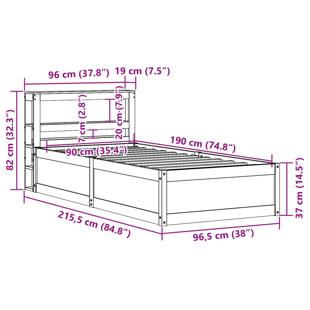 Okvir kreveta s uzglavljem 90 x 190 cm od borovine