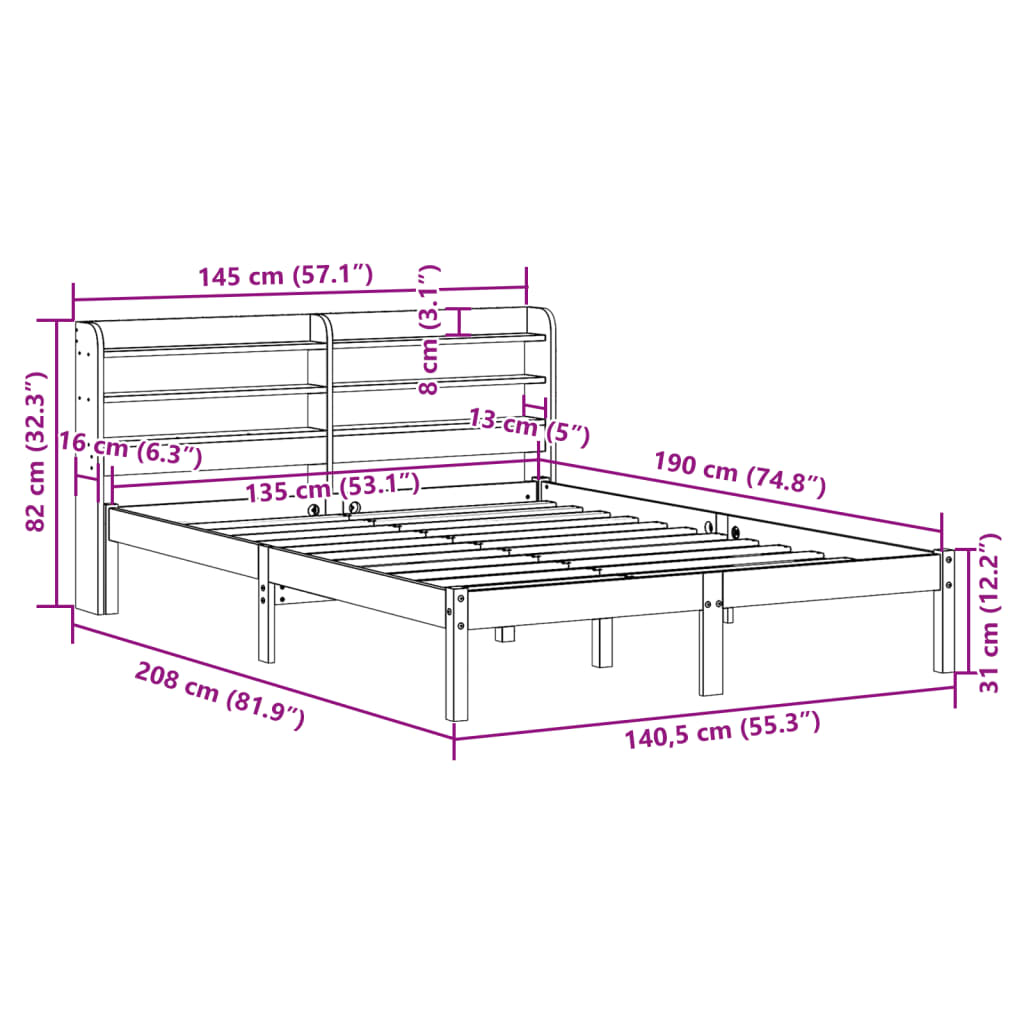 Okvir kreveta s uzglavljem voštano smeđi 135x190 cm od borovine