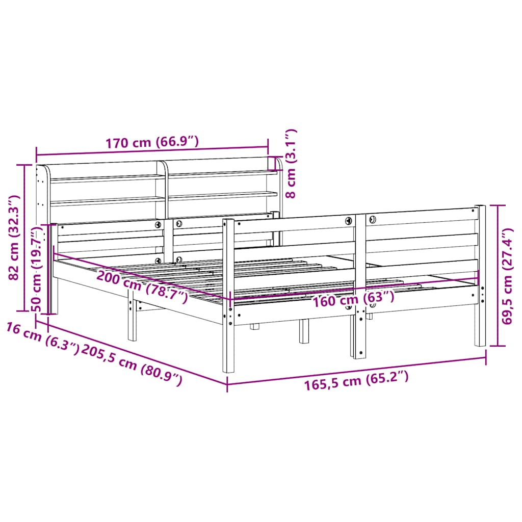 Okvir za krevet s uzglavljem 160 x 200 cm od masivne borovine