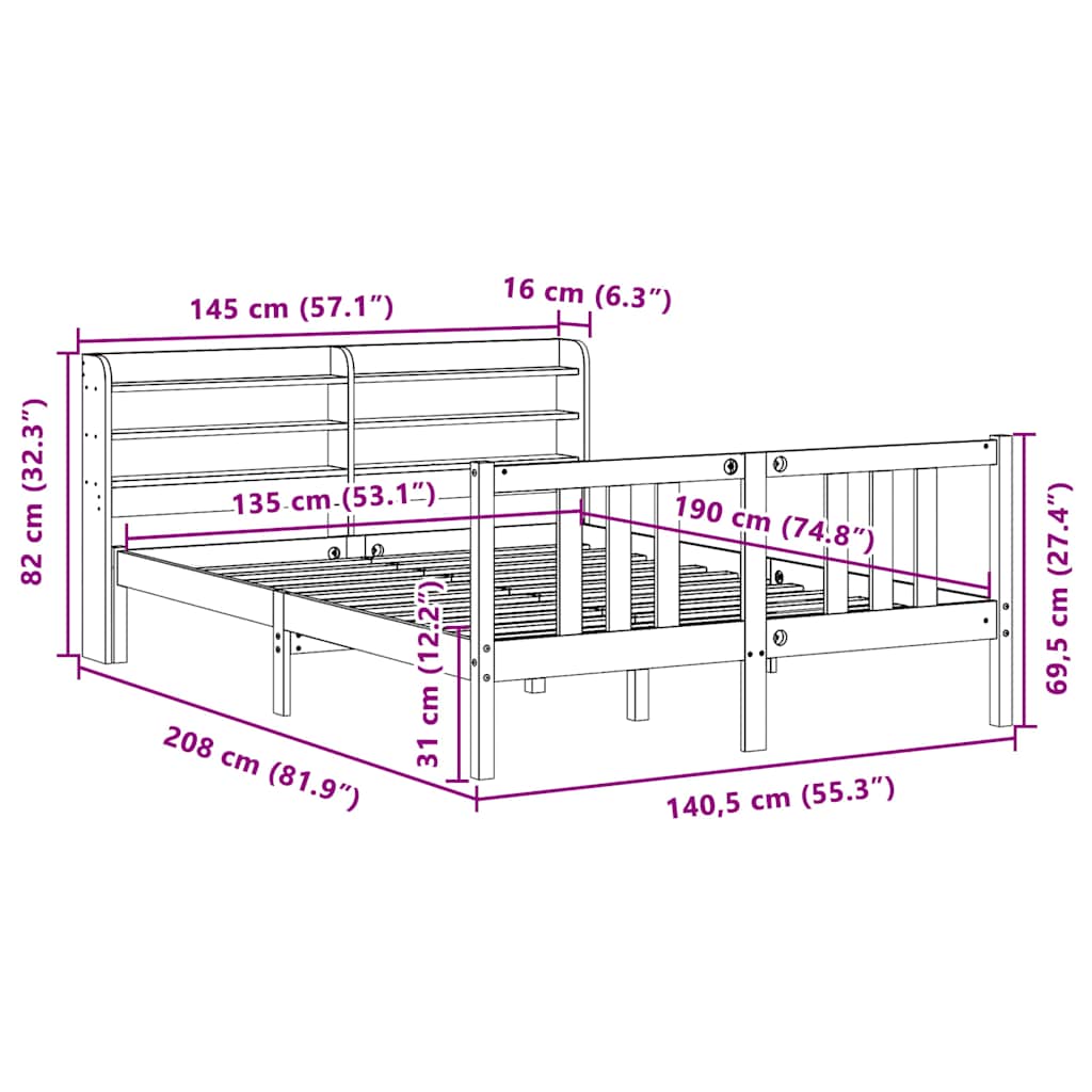 Okvir za krevet s uzglavljem 135 x 190 cm od masivne borovine