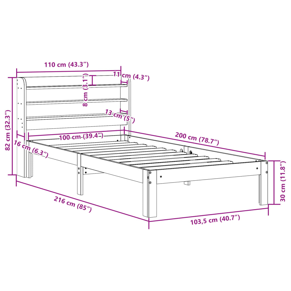 Okvir kreveta s uzglavljem 100 x 200 cm od masivne borovine