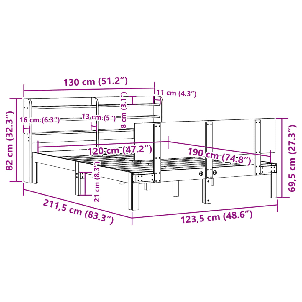 Okvir kreveta s uzglavljem 120x190 cm od borovine