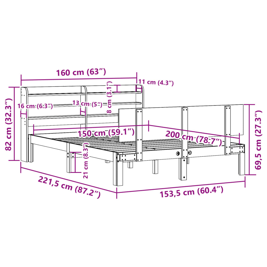 Okvir za krevet s uzglavljem bijeli 150 x 200 cm borovina