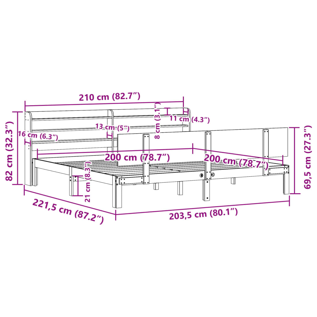 Okvir kreveta s uzglavljem 200 x 200 cm od masivne borovine