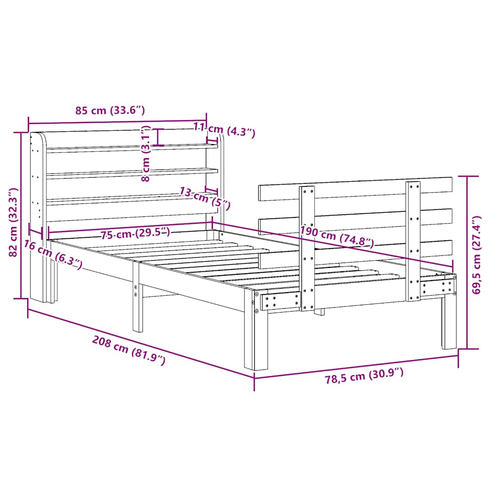 Okvir kreveta s uzglavljem bijeli 75x190 cm od borovine