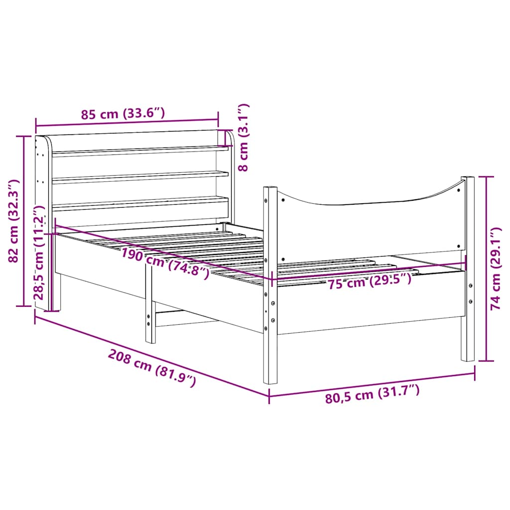 Okvir kreveta s uzglavljem bijeli 75x190 cm od borovine