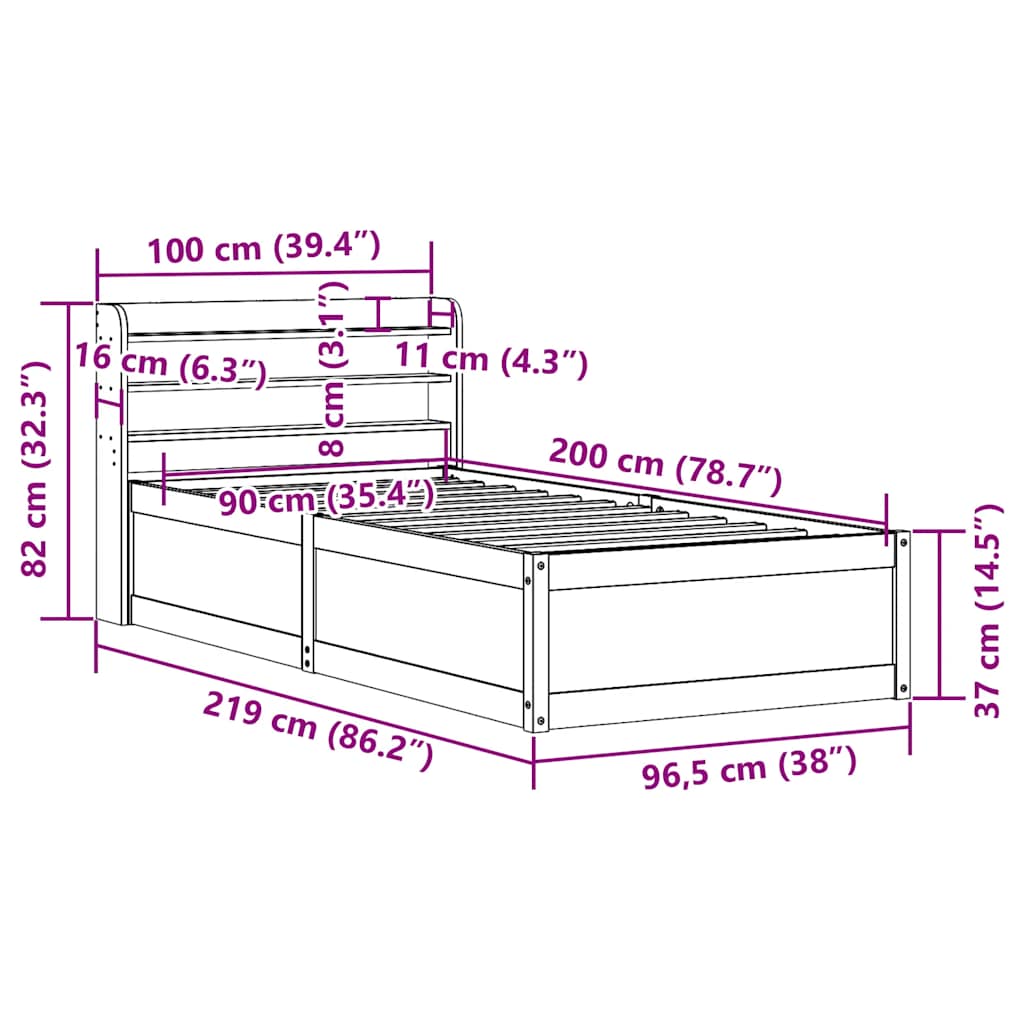 Okvir za krevet s uzglavljem bijeli 90x200 cm masivna borovina