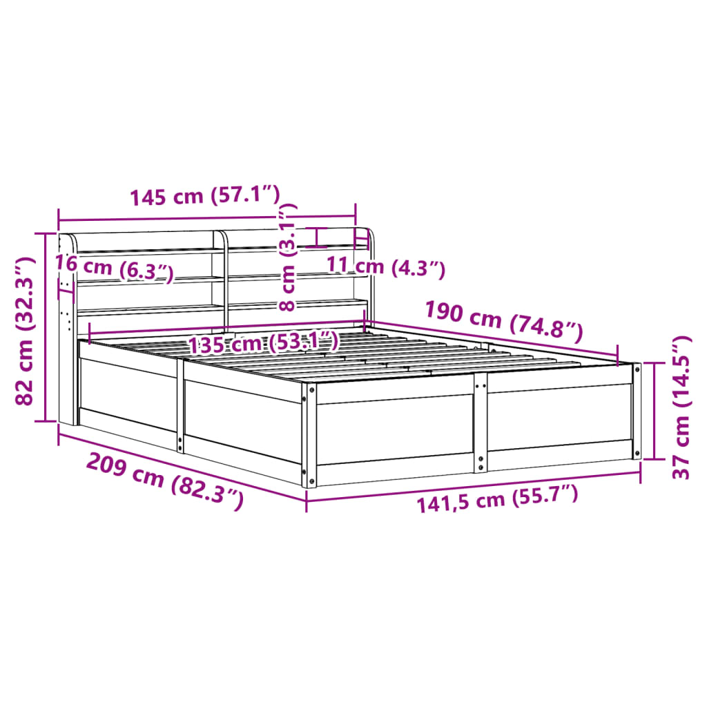 Okvir za krevet s uzglavljem 135 x 190 cm od masivne borovine