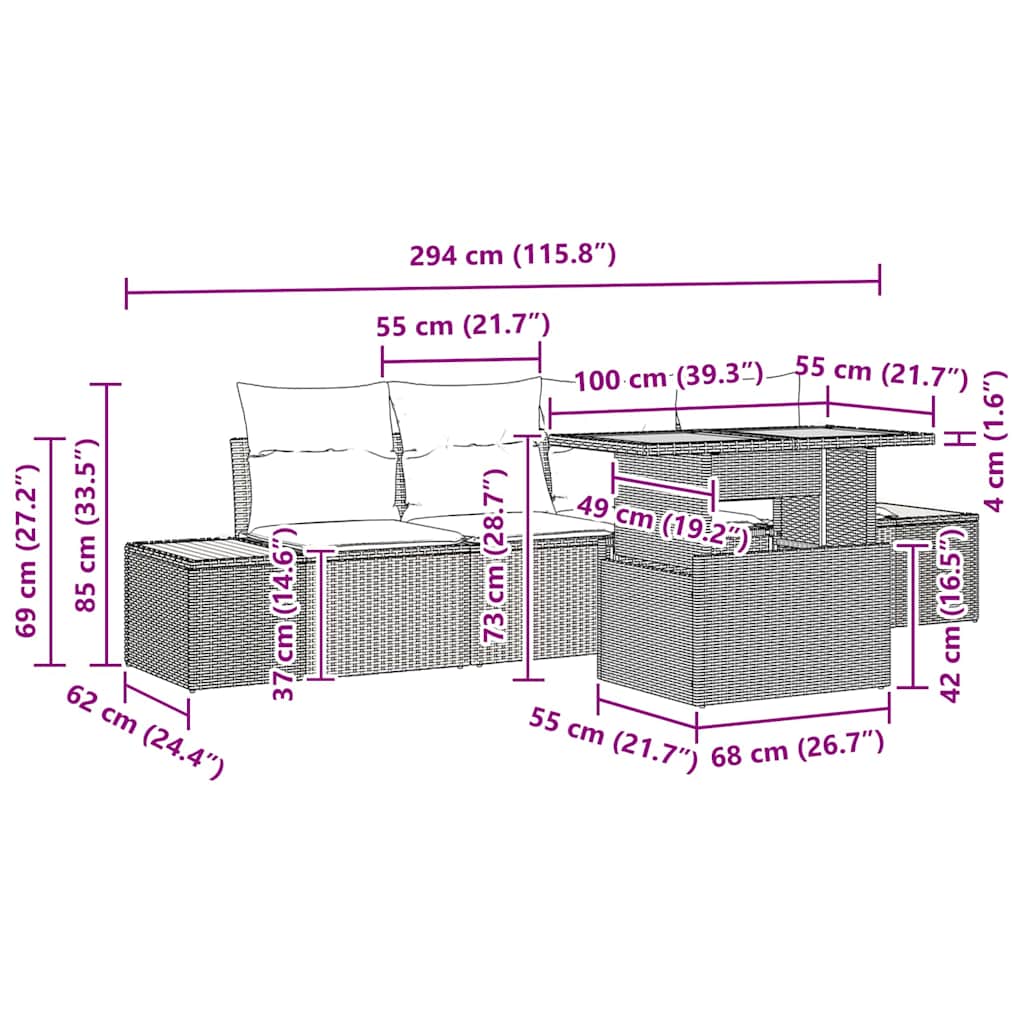 Vrtni set za objed s jastukom 5 pcs Bež i siva