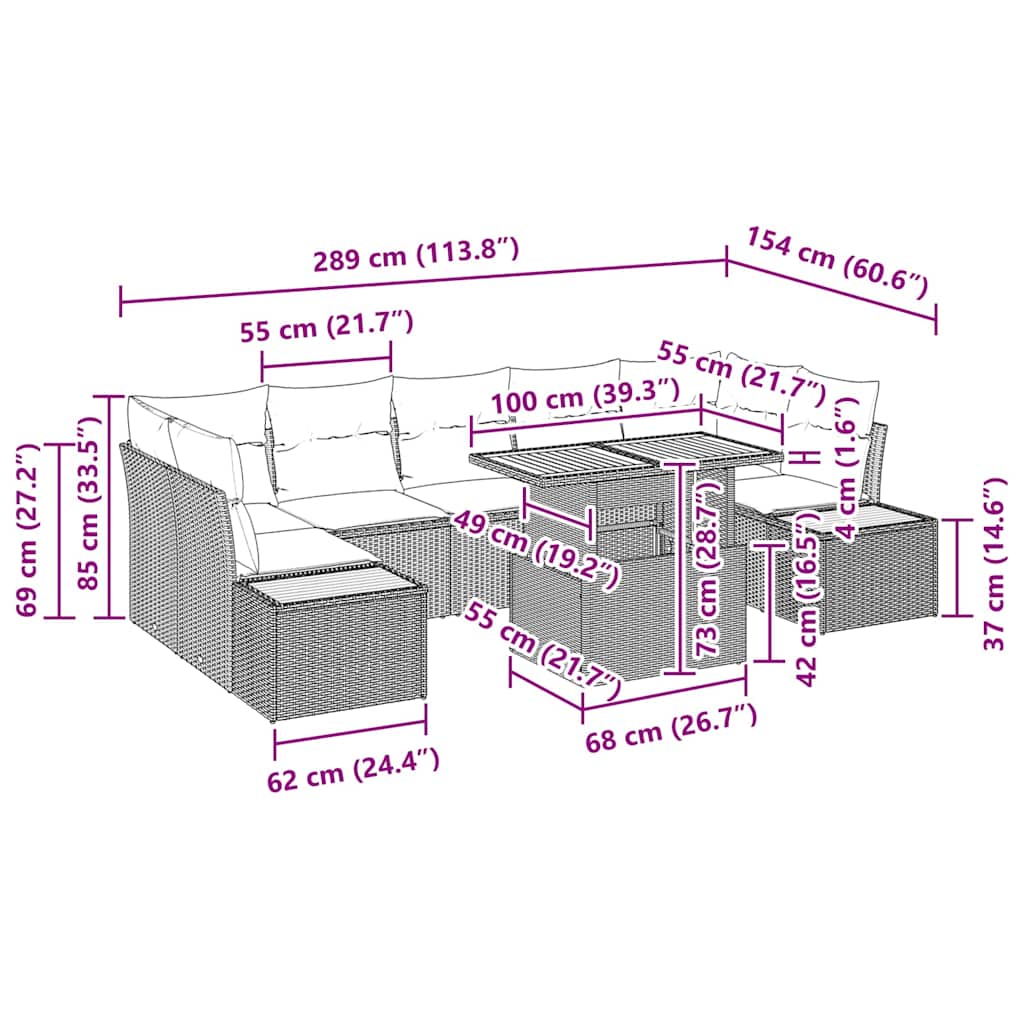 Vrtni set za objed s jastukom 8 pcs Crna i bež
