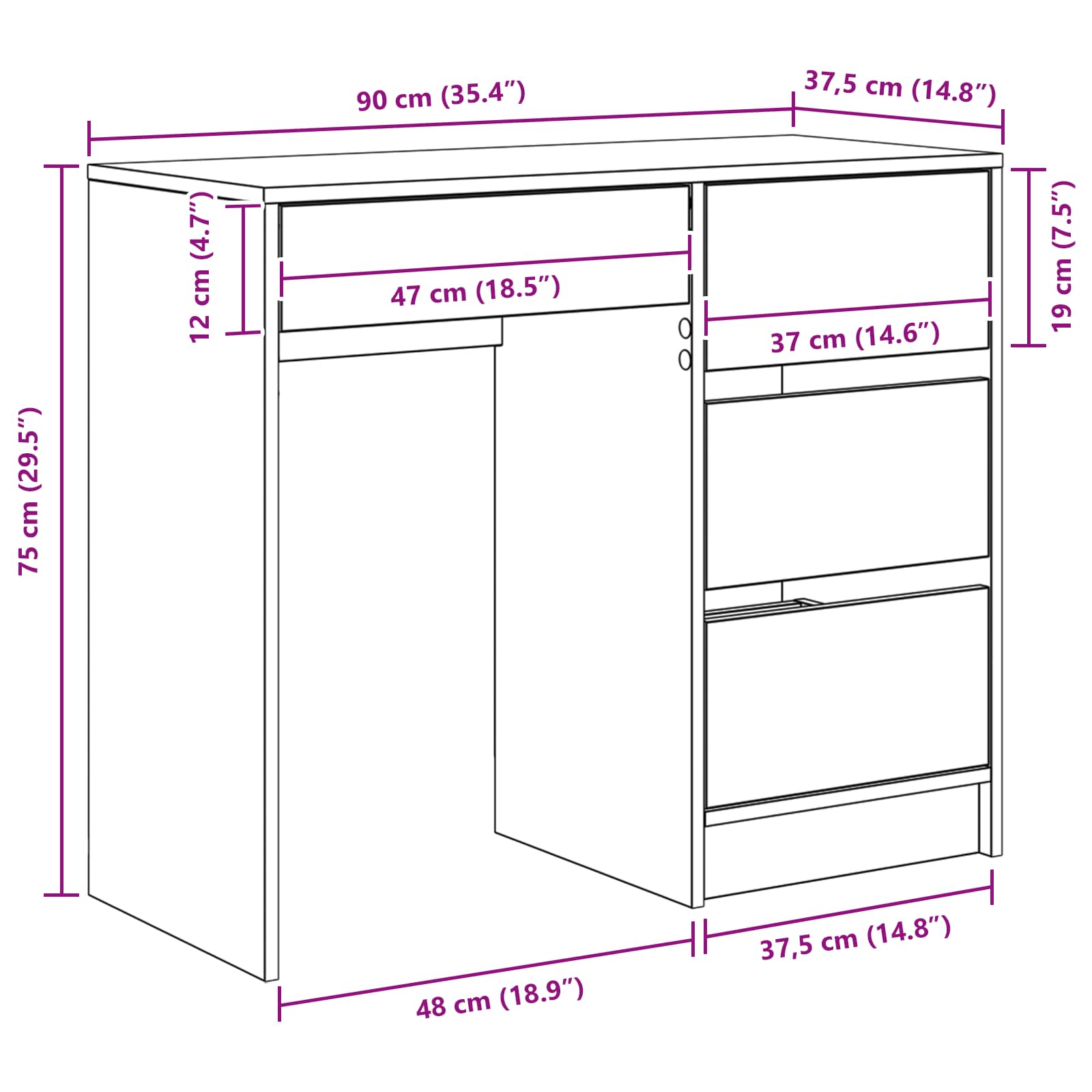 Stol s ladicama Bijelo 90 x 37.5 x 75 cm Konstruirano drvo
