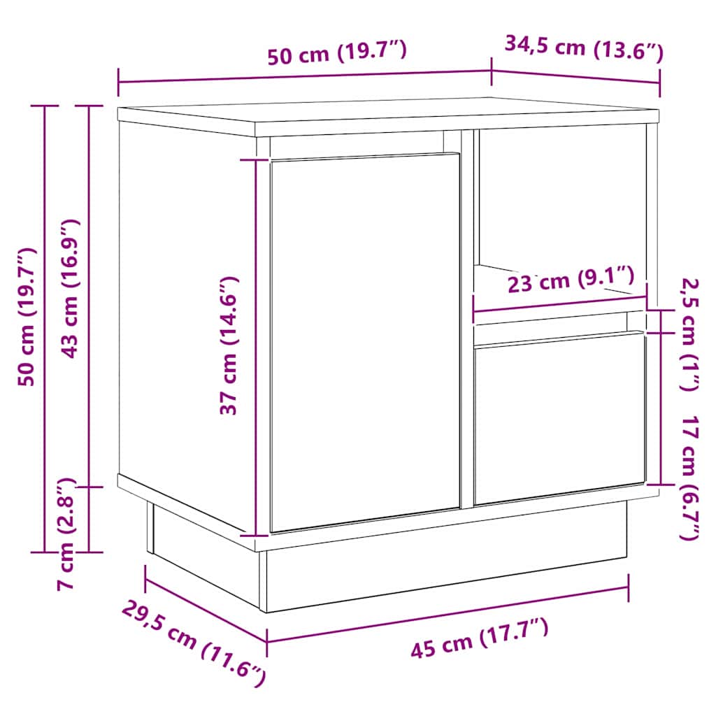 Noćni ormar s ladicama Umjetnički hrast 50 x 34,5 x 50 cm.