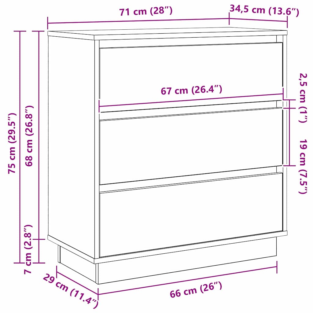 Noćni ormar s ladicama Siva 71 x 34,5 x 75 cm Konstruirano drvo
