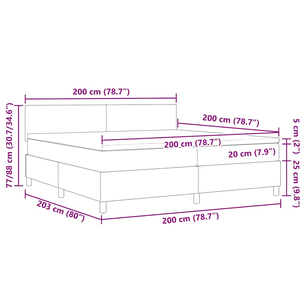 LED Box Spring Krevet Tamno siva i bijela 200 x 200 cm