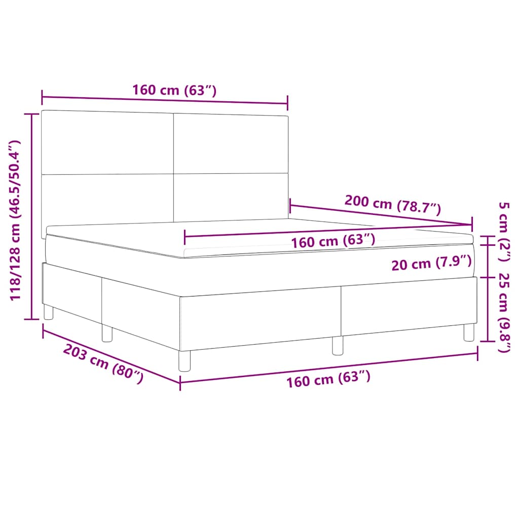 LED Box Spring Krevet Tamno siva i bijela 160 x 200 cm